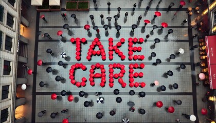 Rainy Day Cityscape with Umbrellas Forming 'Take Care'