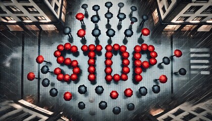 Rainy Day Cityscape with Umbrellas Forming 'Stop'