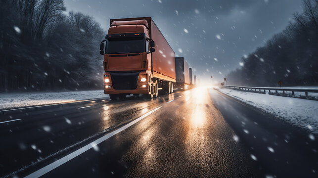 Perspective of a driver facing an oncoming truck on a slick winter road, highlighting speed and motion