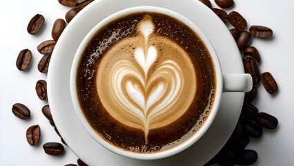 Coffee Cup and Beans Close-Up. A coffee cup with coffee beans around it