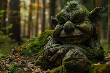 Realistic live troll in the forest. The creature emerges from underground.