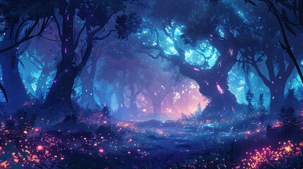 A fantasy forest with glowing trees and magical creatures, ample copy space
