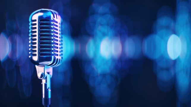 Close-up of a vintage microphone against a vibrant blue bokeh background, ideal for music, podcast, and broadcasting themes.