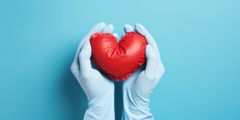 Hands in Blue Gloves Holding Red Heart