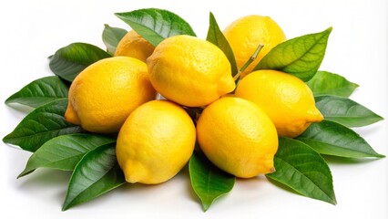 Vibrant yellow lemons with lush green leaves sit elegantly isolated against a pristine white background, exuding freshness and vitality.
