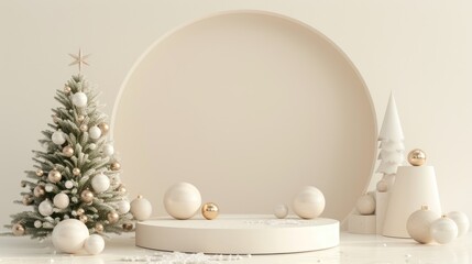 Minimalist Christmas Decoration with White and Gold Ornaments on a White Background