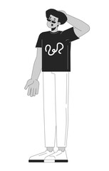 Latin american man rubbing back of head black and white 2D line cartoon character. Hispanic guy in casual clothing isolated vector outline person. Stunned emotion monochromatic flat spot illustration