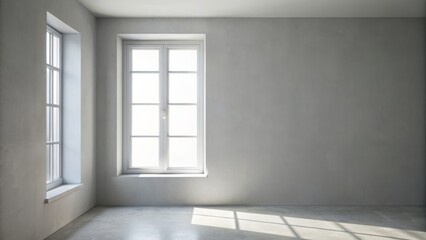 Clean white window with subtle reflection and partly obscured by a light gray wall in a minimalist interior.