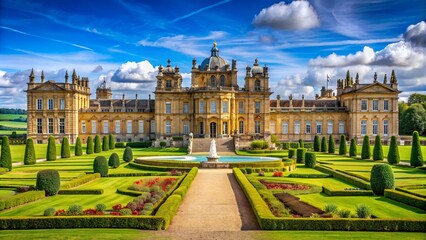 Obraz premium Majestic symmetrical facade of iconic British monarch's official residence shines brightly under vibrant blue sky with lush green surroundings.
