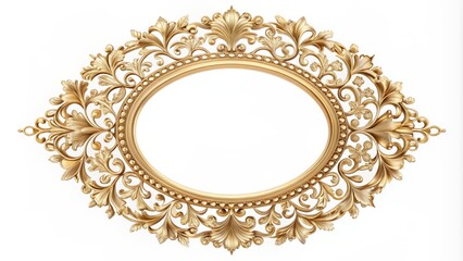 Elegant ornate gold circular frame with ornamental pattern and blank label on a soft, creamy, white background, perfectly centered.