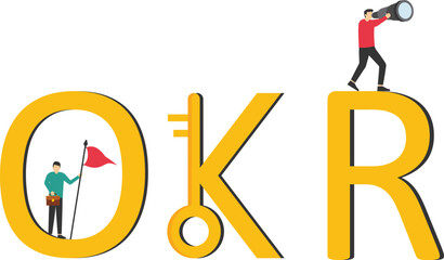 OKR, Objective Key Results Business. businessman sit and review effective strategy method to success target.

