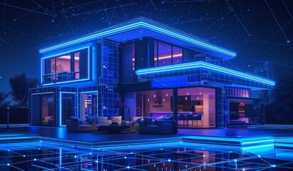 Futuristic smart home exterior, with data visualization lines, automation system, created with AI