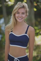 Fototapeta premium A beautiful blonde woman in a blue bikini top.