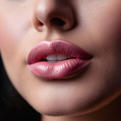 Fototapeta premium A close-up of a woman's lips, featuring shimmering pink lipstick that adds a touch of sparkle. The lips are slightly parted, revealing a glimpse of white teeth. Sensuality and sexuality. AI generated