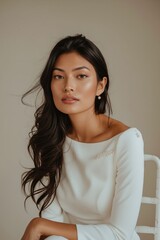 A woman in white sitting on a chair.