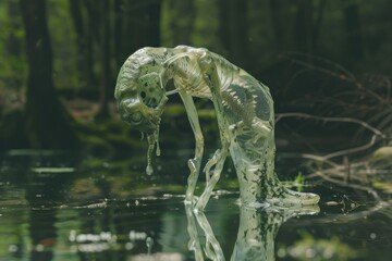 Aquatic scary translucent alien creature in water on lake in forest