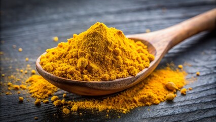 Vibrant yellow turmeric powder piled high in a rustic wooden spoon on a dark, richly textured background evokes warmth and wellness.