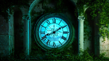 Fototapeta premium Old clock face with sky clouds and Roman numerals on a crumbling stone wall with green vines.