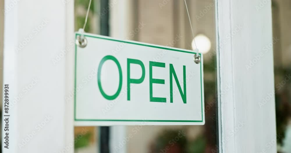 Sticker Open, cafe and small business of entrepreneur, notice and closeup of door, hand and startup of retail. Morning, person and owner of coffee shop, industry and barista in hospitality, loan and entrance