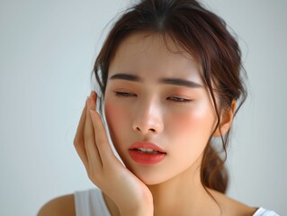 A woman with her hand on her face.