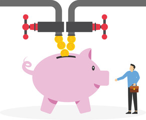 Multiple streams of income, passive income or revenue from invest in multi assets, side hustles to make money concept, rich businessman standing with multi cash flow from pipe into wealthy piggy bank.