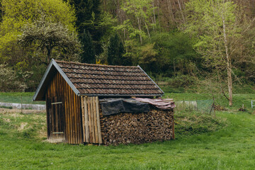 Forest warden hut forest lodge, small house of Forester in the old pinery taiga, boreal forest in vintage style