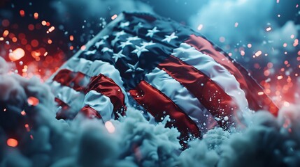 Close-up of flag stars, transition to bursting fireworks, red white blue color palette, subtle lens flare effect