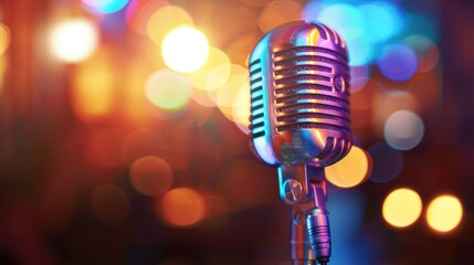 Vintage Microphone on Stage with Bokeh Lights