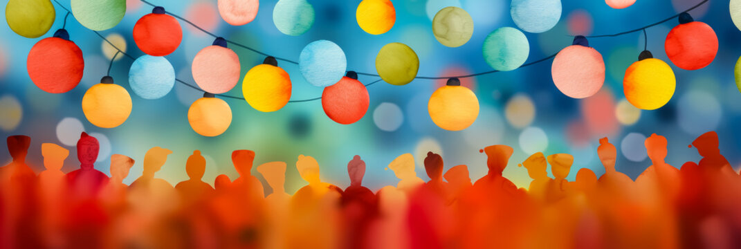 Watercolor illustration of a joyous parade with traditional drummers and lanterns for Diwali bright simple watercolour background banner 