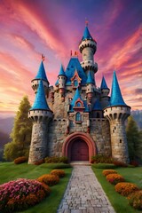Colorful cartoon town with a castle
