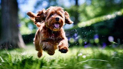 Obraz premium red spoodle captured in mid leap head tilted back in playful delight fur mid flight 