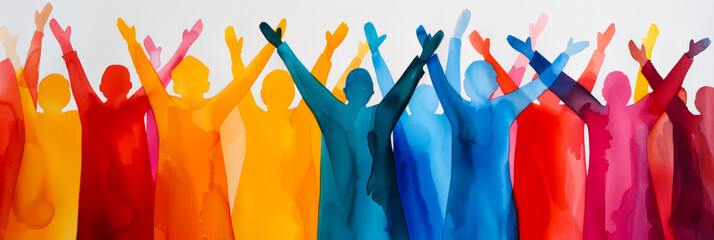 Watercolor illustration of a jubilant procession with attendees in vibrant costumes for Diwali bright simple watercolor background banner 