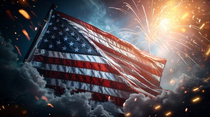 American flag rippling in breeze, transparent overlay on fireworks photo, text space in center, gold accents