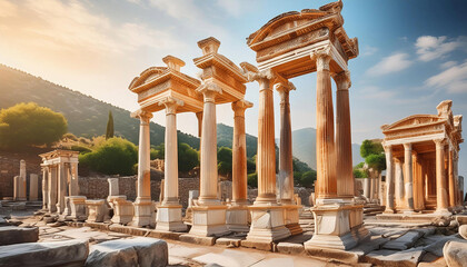 Fototapeta premium a row of ancient Greek-style columns with a sunset in the background. The columns are made of stone and are brown in color.