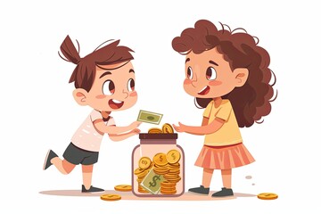 Two children cartoon characters kneel together, wearing light-colored clothing, as they happily deposit money into a jar with cute cartoon expressions, against a clean white background.