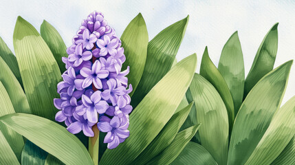 Obraz premium Watercolor illustration of a lavender hyacinth draped in deep green foliage evoking funeral solace watercolour background 