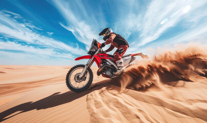 Enduro Motorcyclist Riding Through Sand Dunes in the Desert