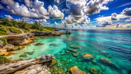 Naklejka premium Rugged shoreline with weathered rocks, clear turquoise waters, and lush green vegetation under a brilliant blue sky with puffy clouds.