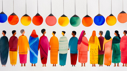 Watercolor illustration of a lively parade with colorful traditional clothing and lanterns for Diwali bright simple watercolor background 