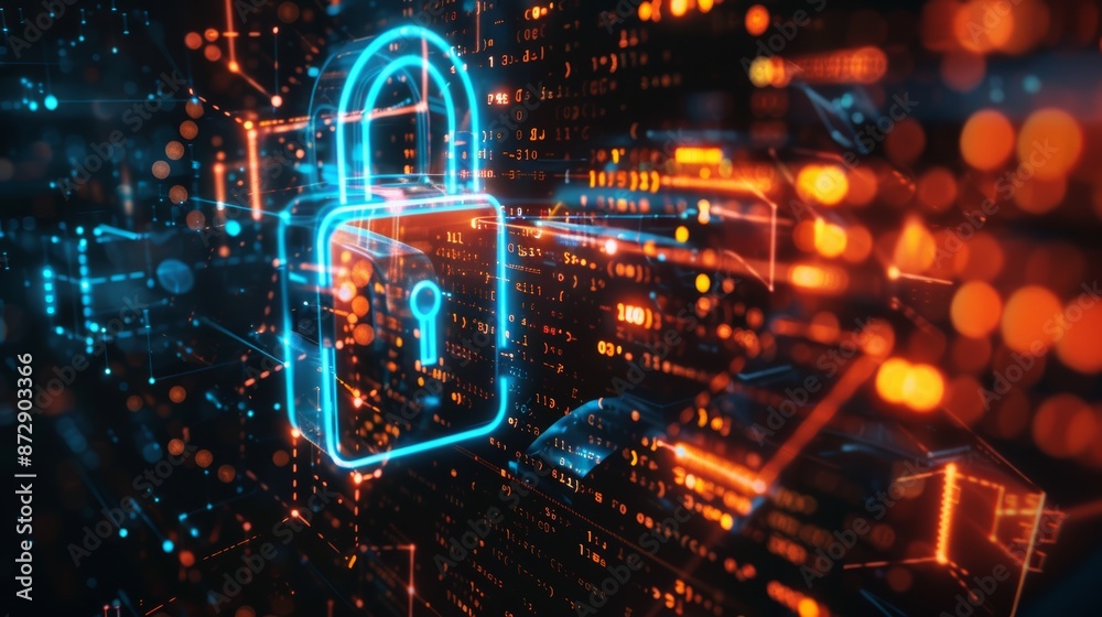Poster Digital padlock and binary code background, online security concept