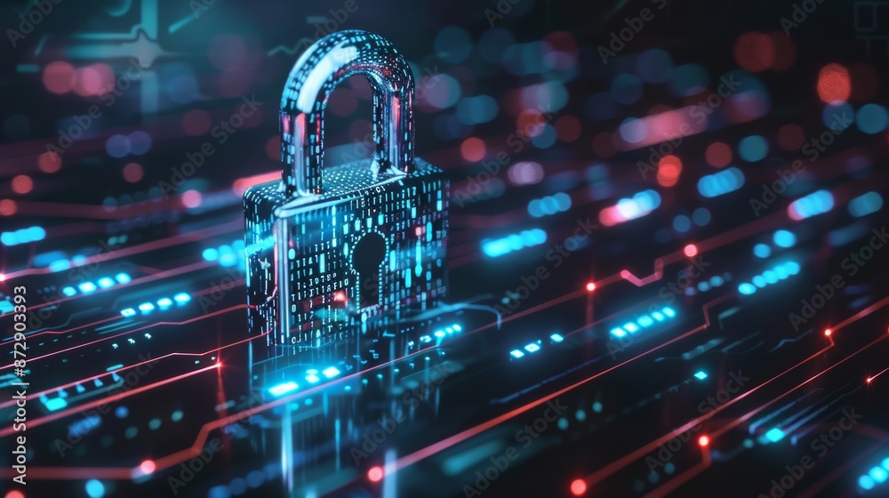 Poster Digital padlock and binary code background, online security concept