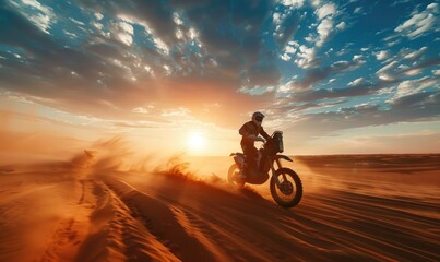 Enduro Motorcyclist Riding Through Sand Dunes in the Desert