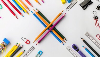 Top-down view of an X-shaped arrangement of school supplies on white, emphasizing creativity,