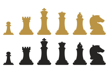 Chess pieces are black and yellow. A selection of silhouettes of chess pieces.