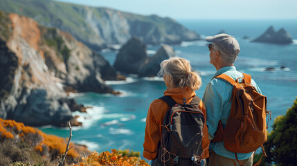 Senior couple admiring the scenic Pacific coast while hiking, filled with wonder at the beauty of nature during their active retirement 