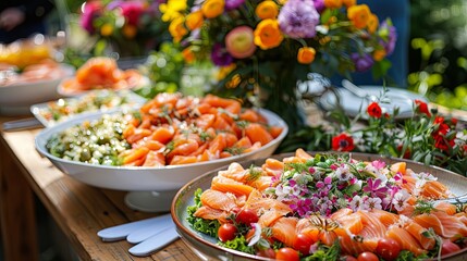 An enticing addition to the classic midsummer solstice spread is the Scandinavian salmon salad adorning the outdoor buffet table alongside a vibrant bouquet of summer flowers