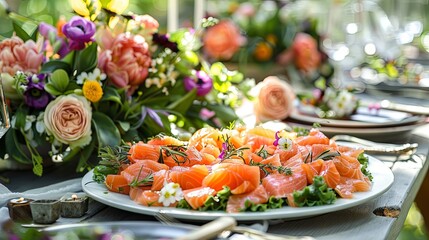 An enticing addition to the classic midsummer solstice spread is the Scandinavian salmon salad adorning the outdoor buffet table alongside a vibrant bouquet of summer flowers