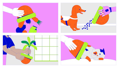 Finding new usage of hats cartoon flat illustration set. Knitted head accessory alternative functions 2D line character colorful background. Creativity scene vector storytelling image collection