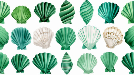 Obraz premium Watercolor illustration of a minimalist Scandinavian spiral seashell pattern in subtle jade green on white ink watercolour 