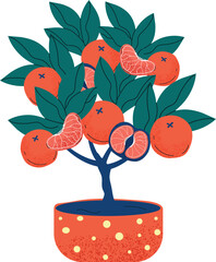 Cartoon orange tree with ripe fruits in a pot